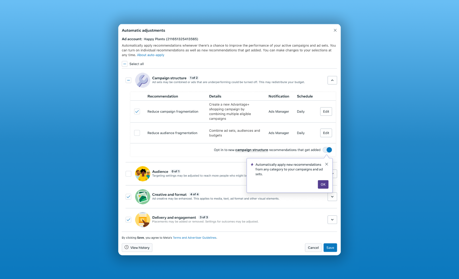 Ads Manager Auto Apply — Automatic adjustments dialog with recommendation categories